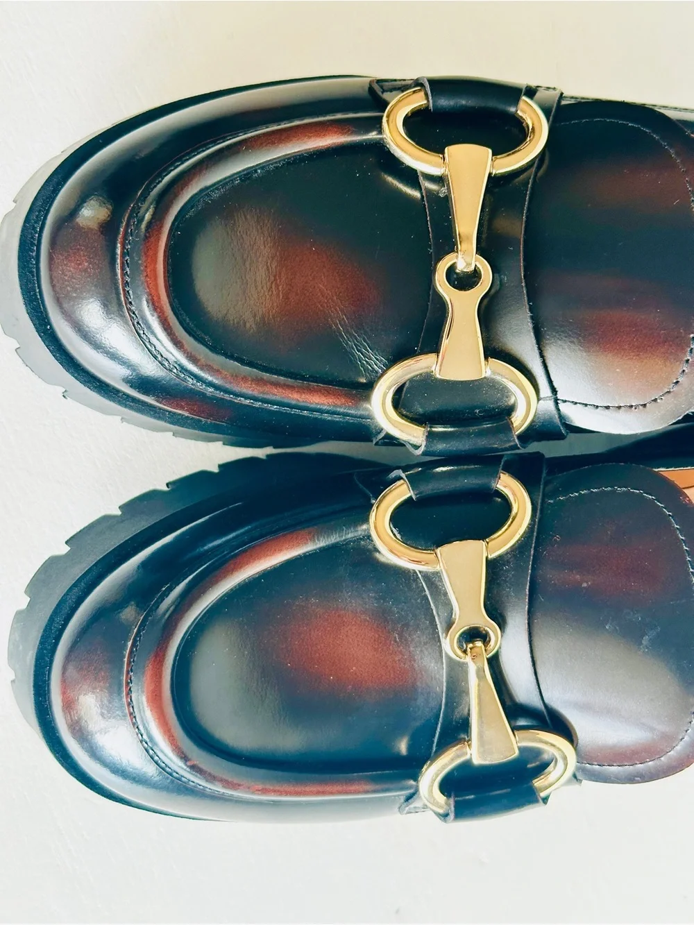 MARC FISHER Brn/Blk With Gold Horsebit Hardware Platform Loafer